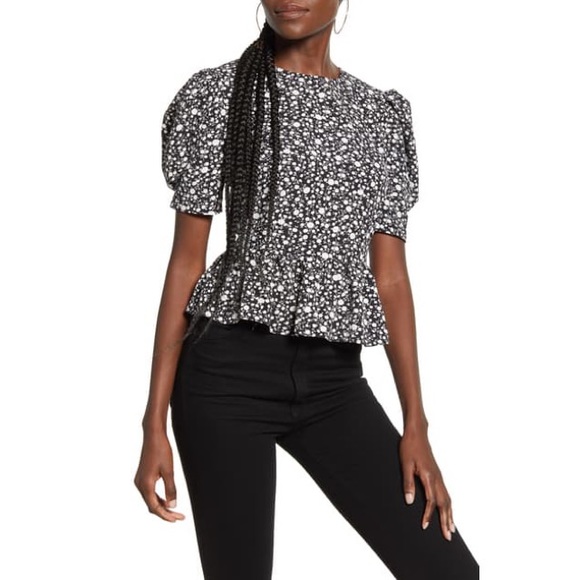 English Factory Floral Puff Sleeve Peplum Top M - Picture 1 of 5